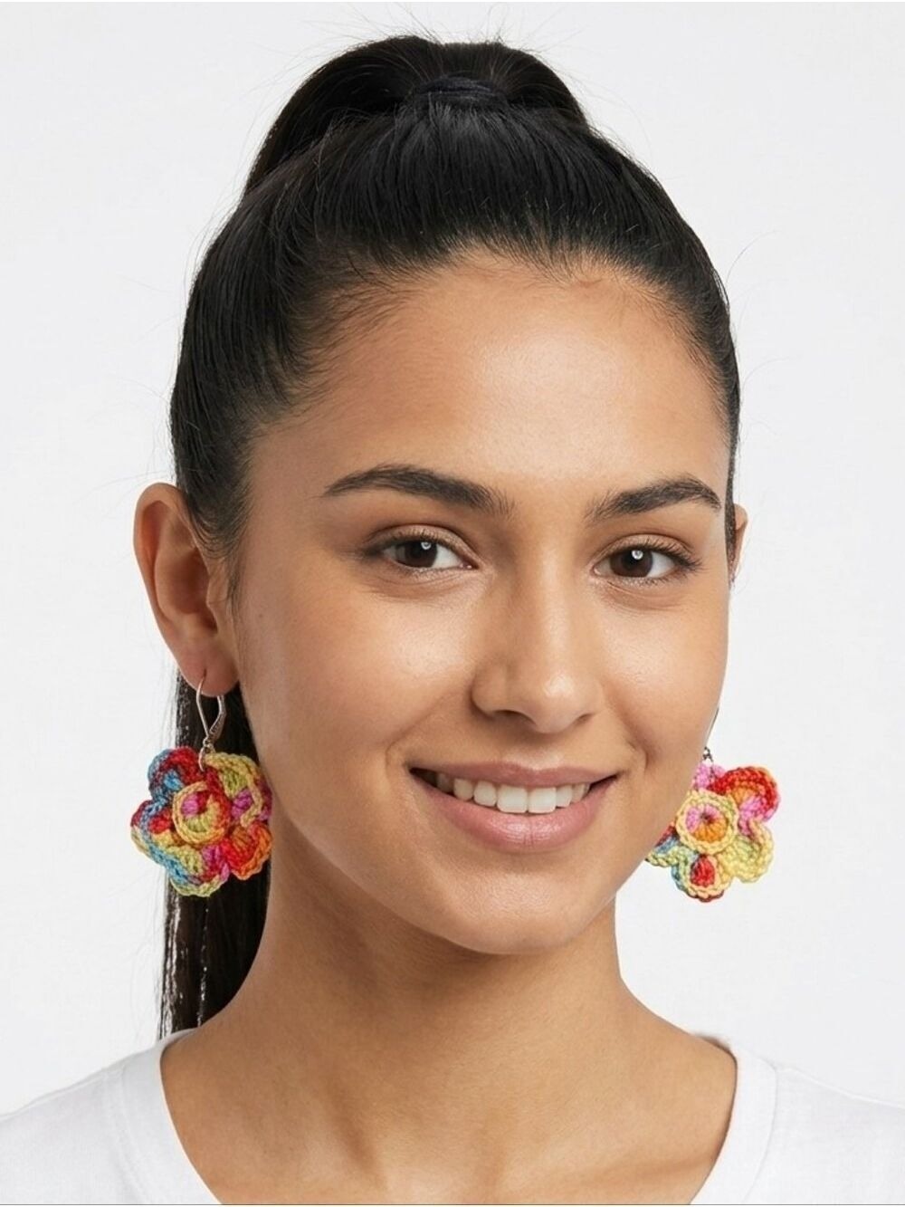 Hand Crafted Multi Color Crochet Flower Earrings Festival Wear Rainbow Jewelry - Picture 3 of 16